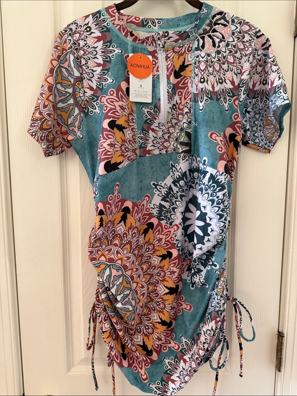 NWT Aonihua Teal Multicolor Paisley Drawstring Rash Guard  Dress